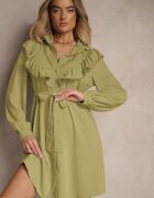 unigirl Rochie Verde Evazată Tip cămașă cu Volane și Dantelă Naik