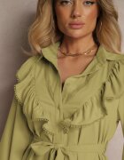 unigirl Rochie Verde Evazată Tip cămașă cu Volane și Dantelă Naik