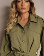 unigirl Rochie Verde în Stil Cămașă cu Curea și Nasturi Eleganți Torlina