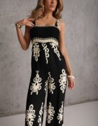 unigirl Salopetă Negru-Bej Vâscoză cu decolteu încrețit cu bretele cu pantaloni lungi Amperia