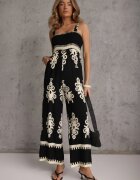 unigirl Salopetă Negru-Bej Vâscoză cu decolteu încrețit cu bretele cu pantaloni lungi Amperia