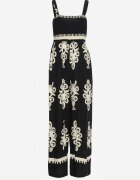 unigirl Salopetă Negru-Bej Vâscoză cu decolteu încrețit cu bretele cu pantaloni lungi Amperia
