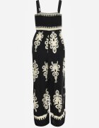 unigirl Salopetă Negru-Bej Vâscoză cu decolteu încrețit cu bretele cu pantaloni lungi Amperia