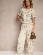 unigirl Set Bej din viscoză cu Broderie Decorativă Bluză și Pantaloni cu Croială Largă Tealenea