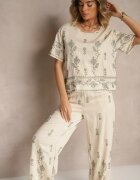 unigirl Set Bej din viscoză cu Broderie Decorativă Bluză și Pantaloni cu Croială Largă Tealenea