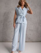 unigirl Set costum albastru din viscoză Pantaloni Wide Leg și Vestă cu curea Elyenryl