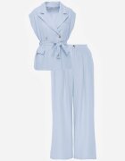unigirl Set costum albastru din viscoză Pantaloni Wide Leg și Vestă cu curea Elyenryl