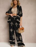 unigirl Set din viscoză Negru Boho Cămașă și Pantaloni cu broderie Helhiris