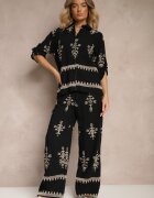 unigirl Set din viscoză Negru Boho Cămașă și Pantaloni cu broderie Helhiris