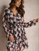 Unique Rochie Neagră Scurtă cu Imprimeu Floral cu Decolteu în V Icarba