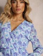 Unique Rochie scurtă albastră cu model floral cu decolteu în V Icarba
