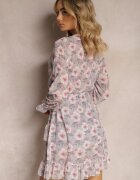 Unique Rochie Scurtă Gri-Roz cu Model Floral cu Decolteu în V Icarba