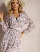 Unique Rochie Scurtă Gri-Roz cu Model Floral cu Decolteu în V Icarba