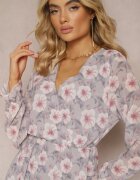 Unique Rochie Scurtă Gri-Roz cu Model Floral cu Decolteu în V Icarba