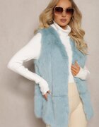  Vestă albastră pufoasă cu blană decorată cu imitație de piele Tekllesa