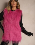  Vestă de blană Fucsia cu o croială simplă cu buzunare Venialith