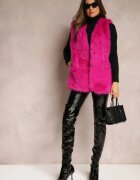  Vestă fucsia pufoasă din blană decorată cu imitație de piele Tekllesa