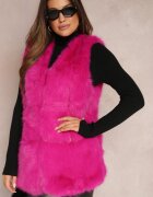  Vestă fucsia pufoasă din blană decorată cu imitație de piele Tekllesa