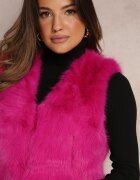  Vestă fucsia pufoasă din blană decorată cu imitație de piele Tekllesa