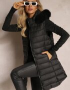  Vestă Neagră Matlasată cu Glugă Decorată cu Blană Artificială și Buzunare Derimeve