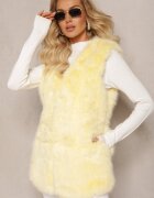  Vestă Pufoasă Galbenă din Blană Decorată cu Imitație de Piele Tekllesa