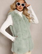  Vestă pufoasă verde deschisă din blană decorată cu imitație de piele Tekllesa