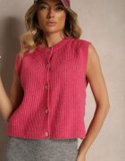  Vestă tricotată roz cu amestec de lână și închidere cu nasturi Savanira