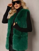  Vestă Verde Pufoasă cu Blană Decorată cu Imitație de Piele Tekllesa