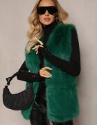  Vestă Verde Pufoasă cu Blană Decorată cu Imitație de Piele Tekllesa