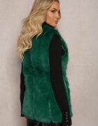  Vestă Verde Pufoasă cu Blană Decorată cu Imitație de Piele Tekllesa