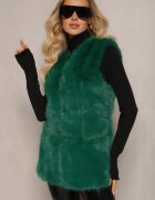  Vestă Verde Pufoasă cu Blană Decorată cu Imitație de Piele Tekllesa