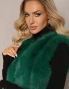  Vestă Verde Pufoasă cu Blană Decorată cu Imitație de Piele Tekllesa
