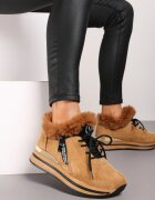 vices Adidași Bej închis cu talpă plată cu inscripție și blană Taricea