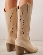 vices Botine Bej Ajurate Cowboy cu toc gros Falenatea