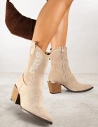 vices Botine bej închis în stil cowboy cu toc conic decorate cu broderie Xalfedi