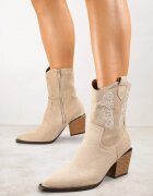 vices Botine bej închis în stil cowboy cu toc conic decorate cu broderie Xalfedi
