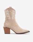 vices Botine bej închis în stil cowboy cu toc conic decorate cu broderie Xalfedi