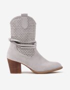 vices Botine Gri cu toc gros în stil cowboy cu carâmb ajurat și cu barete Tulifedi