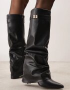 vices Cizme Elegante Negre cu toc gros cu carâmb încrețit care imită un crac de pantalon Favea