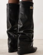 vices Cizme Elegante Negre cu toc gros cu carâmb încrețit care imită un crac de pantalon Favea