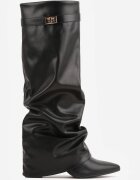 vices Cizme Elegante Negre cu toc gros cu carâmb încrețit care imită un crac de pantalon Favea