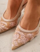 vices Pantofi cu toc Bej Slingback din plasă pe toc pisoi cu broderie și mărgele Vilin