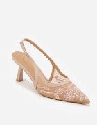 vices Pantofi cu toc Bej Slingback din plasă pe toc pisoi cu broderie și mărgele Vilin