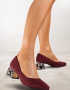 vices Pantofi cu toc gros Bordeaux decorate cu cristale cu branț din piele Ovirora
