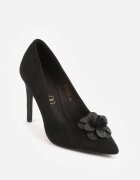 vices Pantofi cu toc negri cu Branț din Piele Naturală și Aplicație Florală cu Zirconii Retania