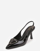 vices Pantofi cu toc Sandale negre cu toc stiletto Slingback Lăcuite cu ornament Ataloria