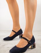 vices Pantofi eleganți bleumarin cu toc cu decor tip bijuterie cu cataramă și branț din piele Aletan
