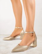 vices Pantofi stiletto Aurii cu toc bloc cu branț de piele și ornament la baretă Lilria
