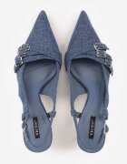 vices Pantofi stiletto bleumarin cu vârf ascuțit cu toc kitten cu catarame decorative Sinitte