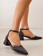 vices Pantofi stiletto Negri de Satin cu Toc Gros cu Branț din Piele Naturală și Zirconii Learetha